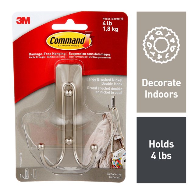 Command™ Large Brushed Nickel Double Hook, 17036BN-EF, 1 hook, 1 strip