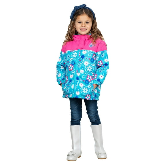 Girls Jacket Floral Lined Winter Hooded Jacket Kids Coat, Turquoise, Size: 5/6