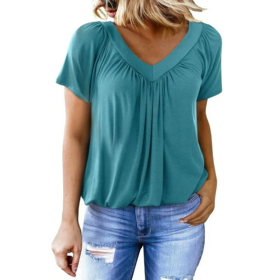 SHIBEVER Womens Tops Short Sleeve Summer Casual Basic V Neck T Shirts for Women Loose Casual Tees for Ladies Tops for Woman Peacock Green L