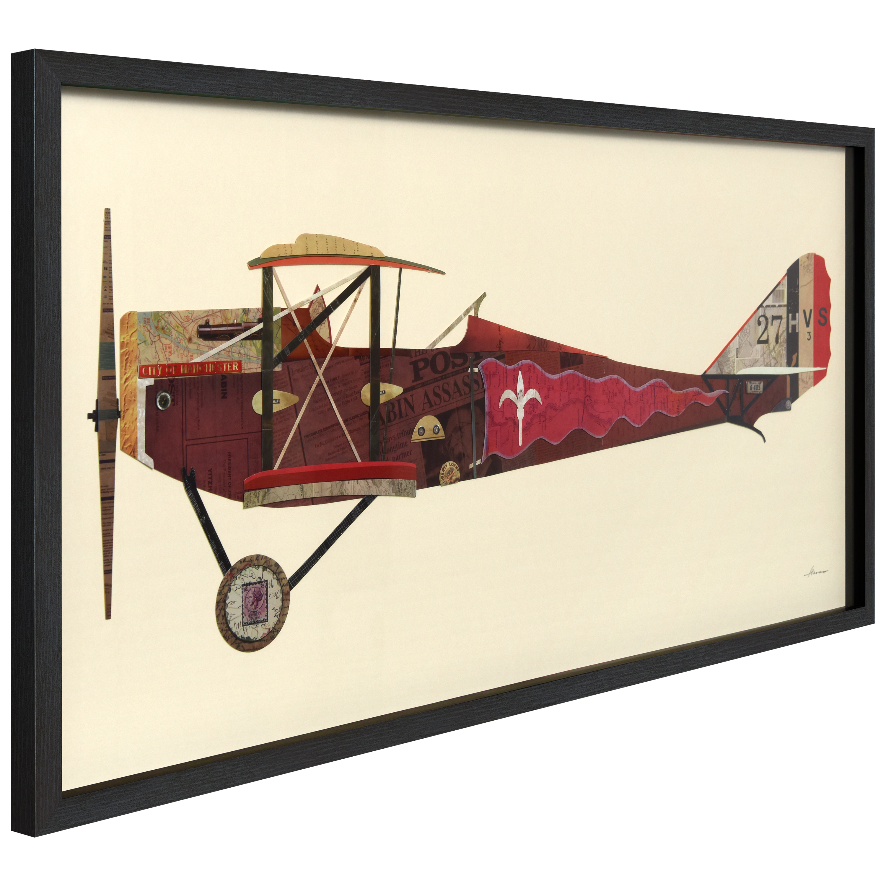 Empire Art Direct Antique Biplane #2 Dimensional Collage Framed Graphic Art Under Glass Wall Art, 25" x 48" x 1.4", Ready to Hang
