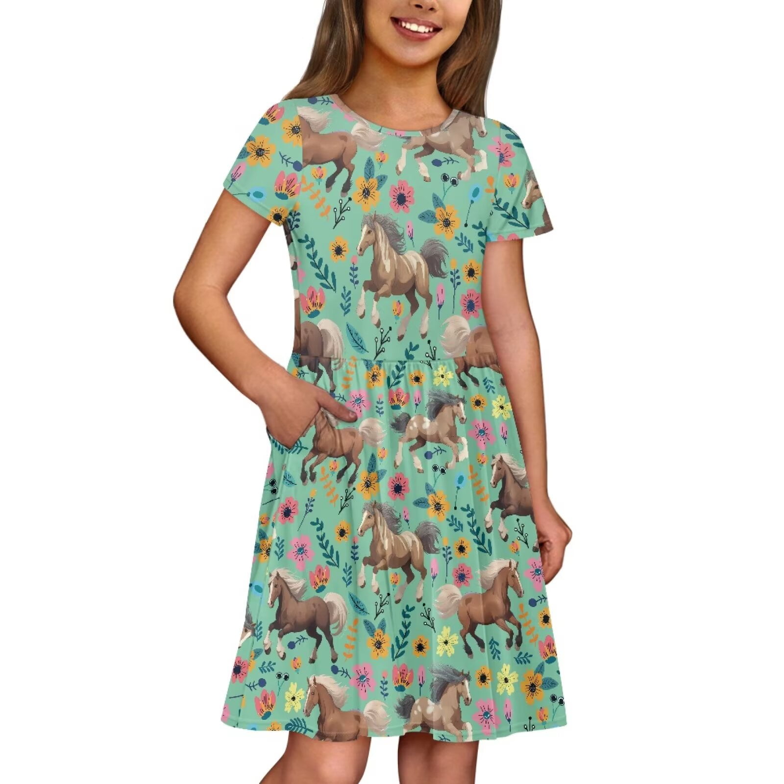 Uourmeti Horse Kids Dresses for Girls 2-14Y Summer Short Sleeve Crewneck Midi Dress Flowers Casual Loose Swing Dresses with Pockets
