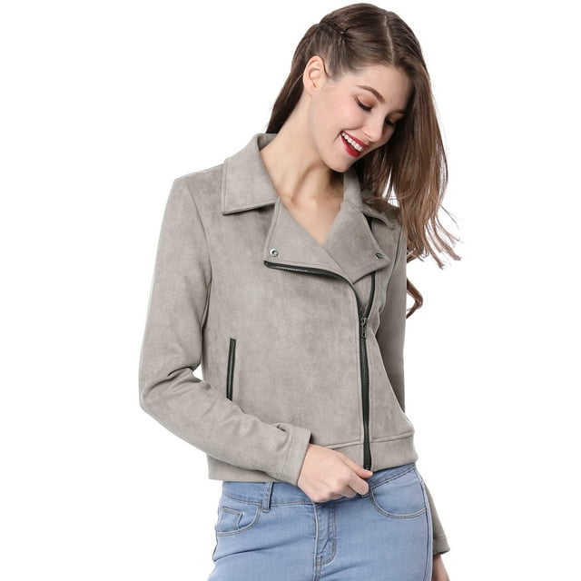 INSPIRE CHIC Women Short Soft Zip Up Faux Suede Biker Moto Jacket