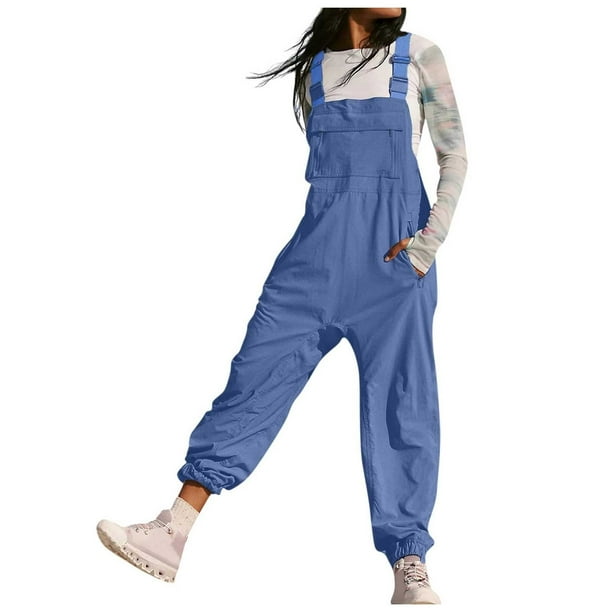 Mono de trabajo liso de moda para mujer con bolsillos: mono informal tipo leggings, poliéster, tallas S-XXL, cintura elástica, perfecto para el verano y las actividades al aire libre.