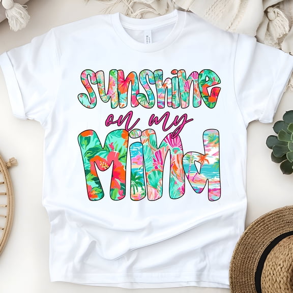 Sunshine on My Mind T-Shirt for Women, Tropical Floral Summer Graphic Tee, White, Size S