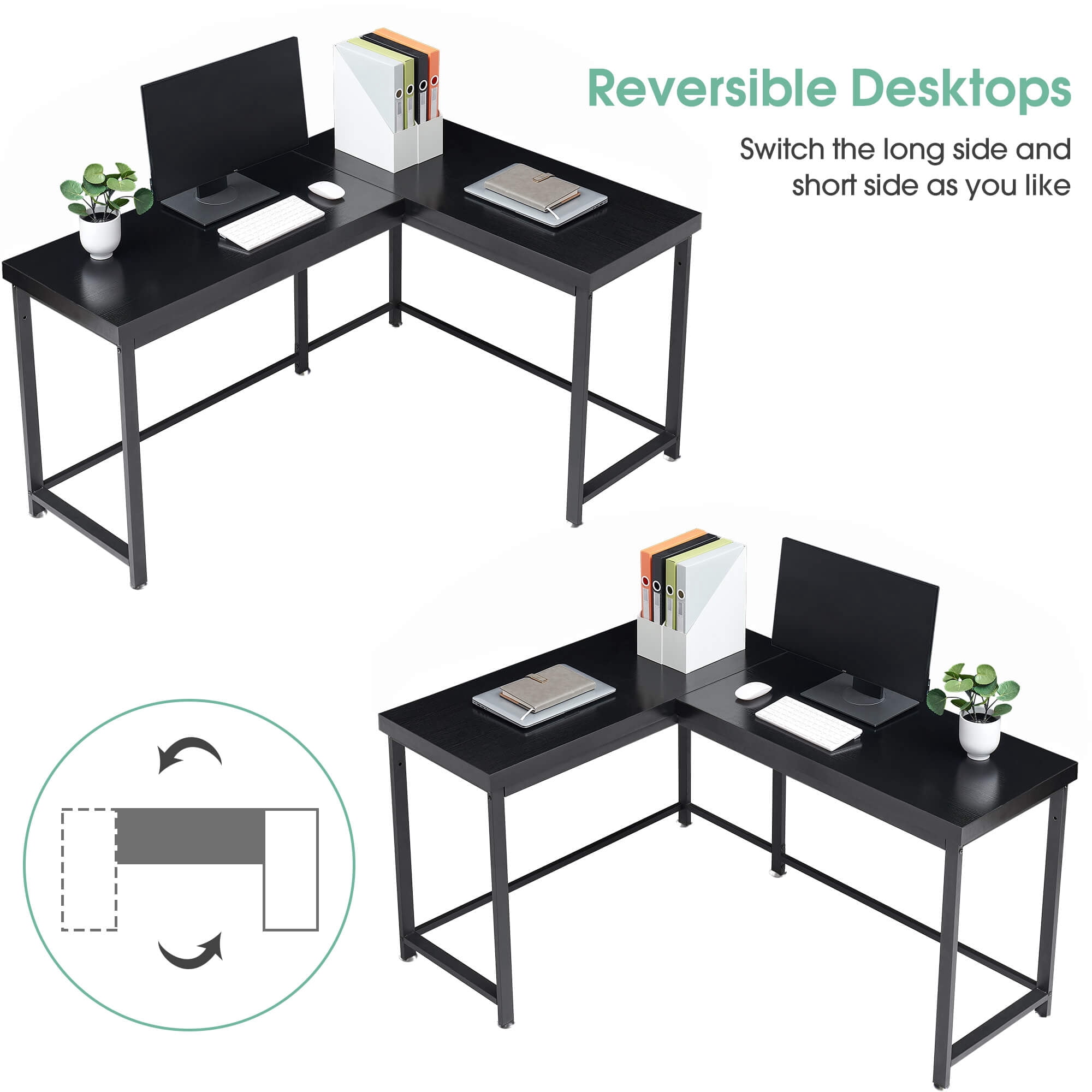 Ivinta L-Shaped Desk, Adult Lap Desks, 44" x 58", Black, 1 Count, 1 Pack