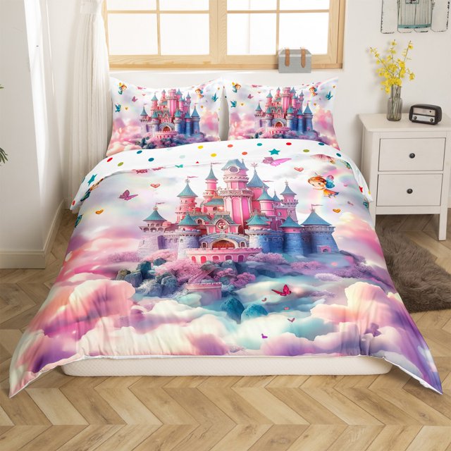 Erosebridal Housse de Couette Château Rose Girly Grand, Literie Conte de Fées Taille Grand, Décoration Style Princesse, Réversible