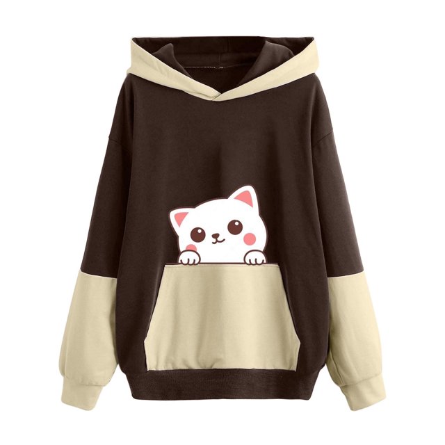 Suéter de otoño e invierno para mujer, con capucha, bonito estampado de mascotas, suéter holgado de gran tamaño con bloques de color Pompotops FGAJ16504