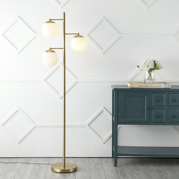 JONATHAN Y Ellie 66" 3-Light Modern Vintage Iron LED Floor Lamp, Brass Gold/White, JYL3087A