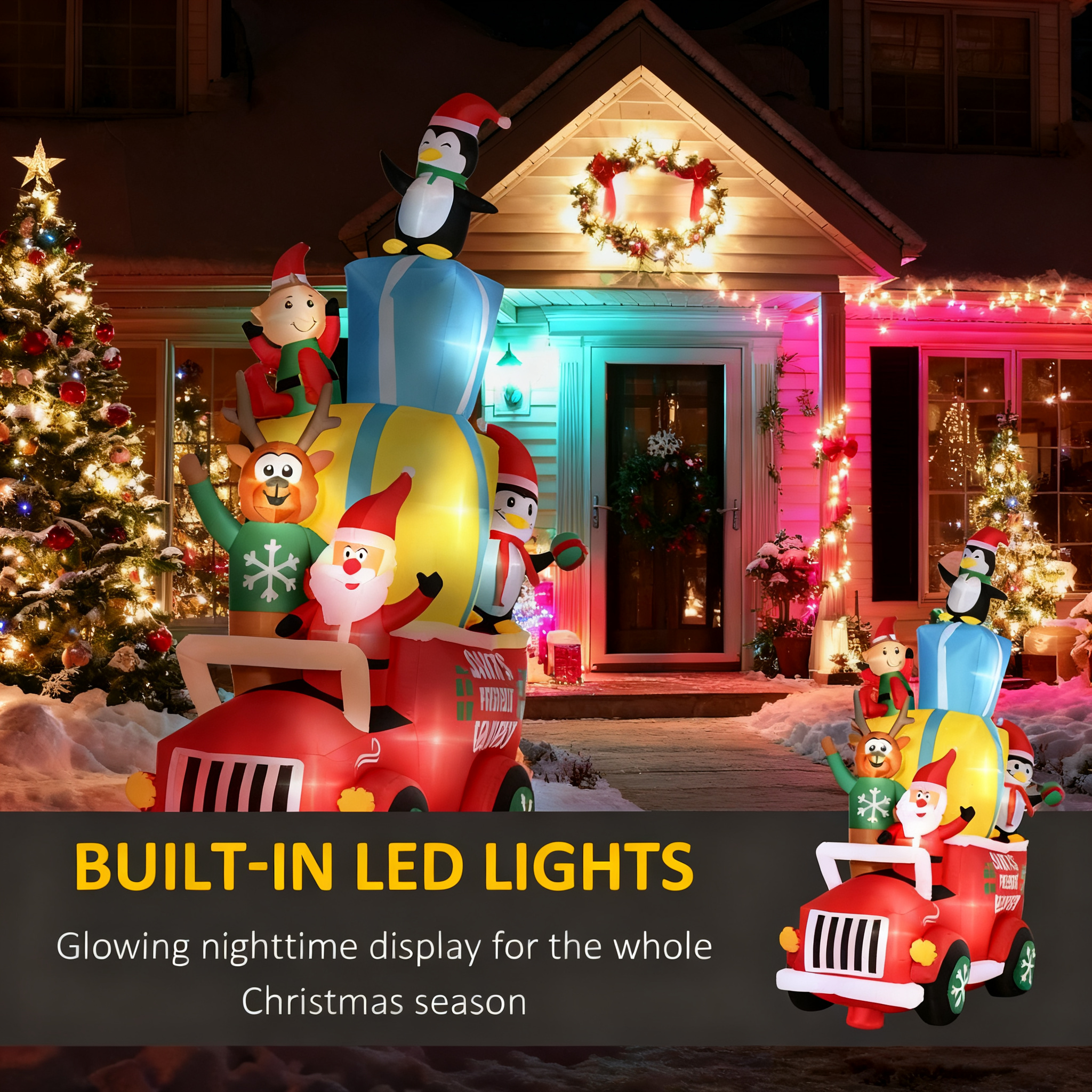 Inflatable Santa Claus Driving Gift Car with Friends LED Lights Outdoor Yard Christmas Decoration