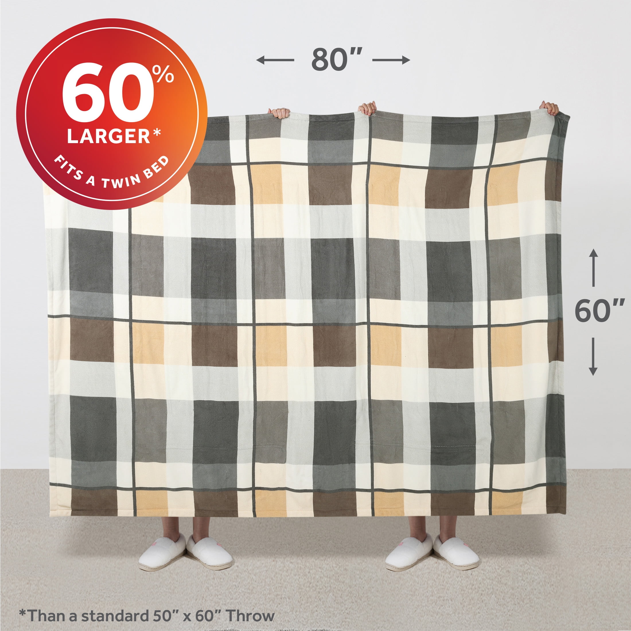 Sunbeam Oversized Throw Neutral Plaid Microplush, 4 Heat Settings, 4-Hour Auto Shut-Off, Electric Heated Blanket, 60" x 80"
