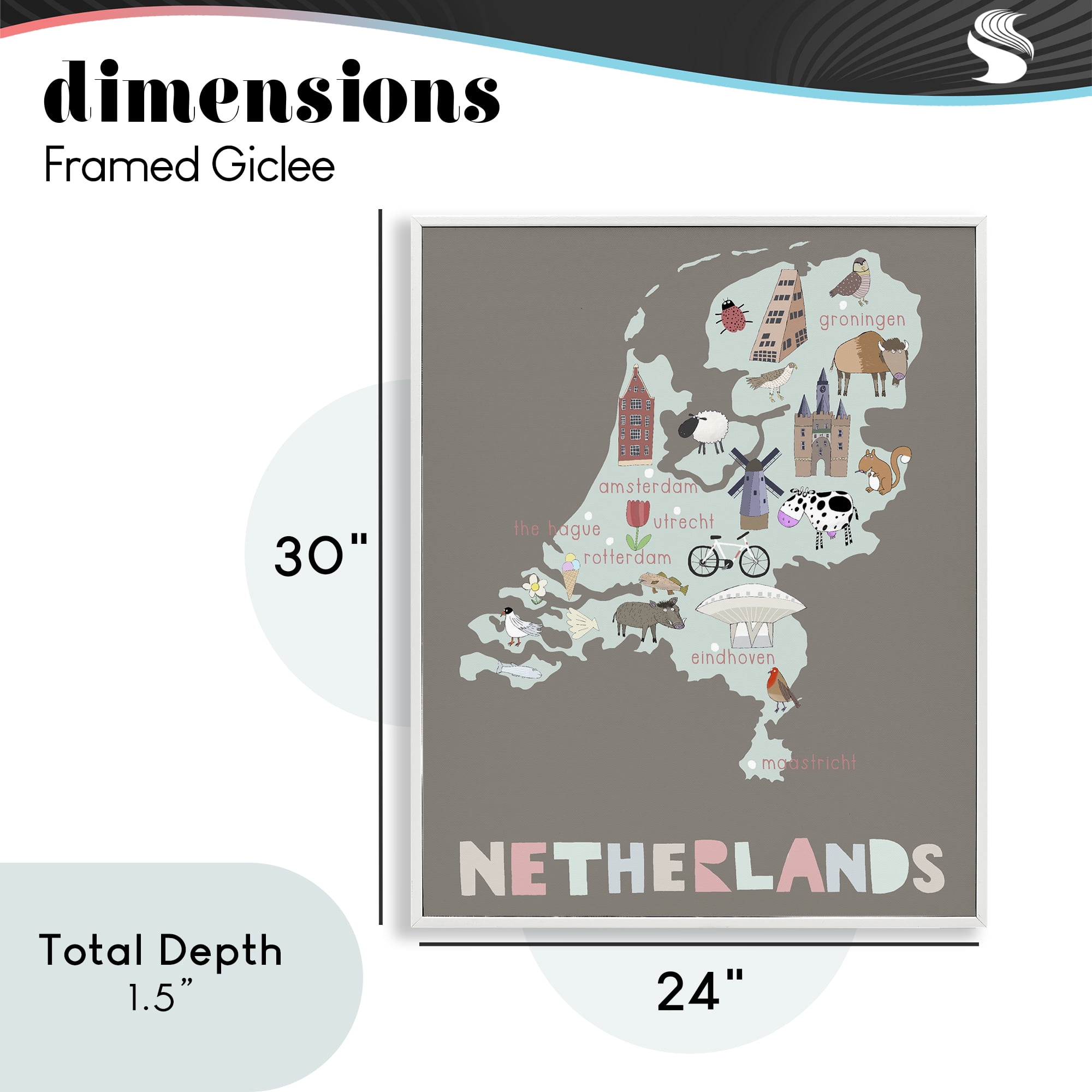 Kid's Map of Netherlands White Framed Giclee Art, design by Carla Daly