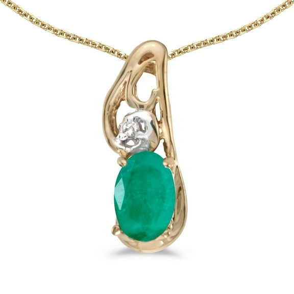 14k Yellow Gold Oval Emerald And Diamond Pendant with 18" Chain