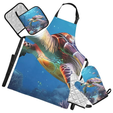 Turtle Ocean Fish 5 Pcs Kitchen Set Heat Resistant Oven Mitts and Non-Slip Pot Holders with Adjustable Cooking Apron