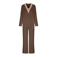 thumbnail image 4 of LEKWK Linen Sets for Women 2 Piece Long Sleeve V Neck Loose Fit Tops and High Waisted Wide Leg Pants Summer Fashion Beach Casual Resort Outfits, 4 of 6