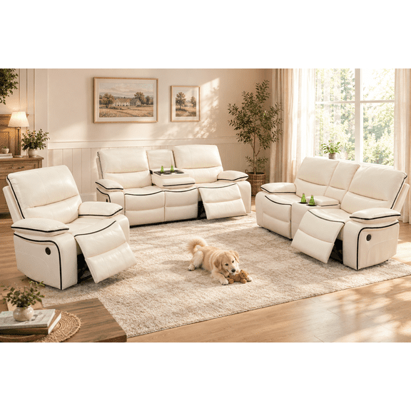 Recliner Sofa Set, Breathing Leather Living Room Furniture, Creamy White Reclining Leather Couch with USB Ports/Cup Holders/Storage Console (Creamy White-Power Recliner, Sofa Loveseat Chair)