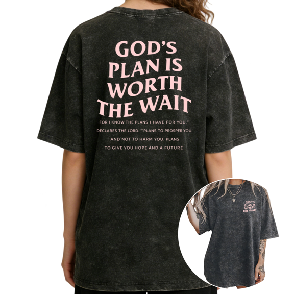 UNISHE Oversized Black Womens T-Shirt Gods Plan Is Worth The Wait Graphic Acid Washed Drop Shoulder S-2XL Tops