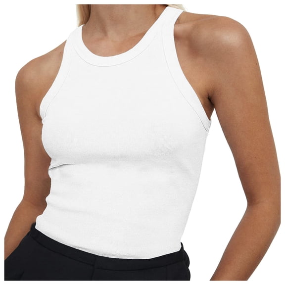Wang6 Women High Neck Ribbed Tank Tops Summer Sleeveless Crew Neck Workout Tops Causal Slim Fit Cami T-Shirts Undershirts White XS