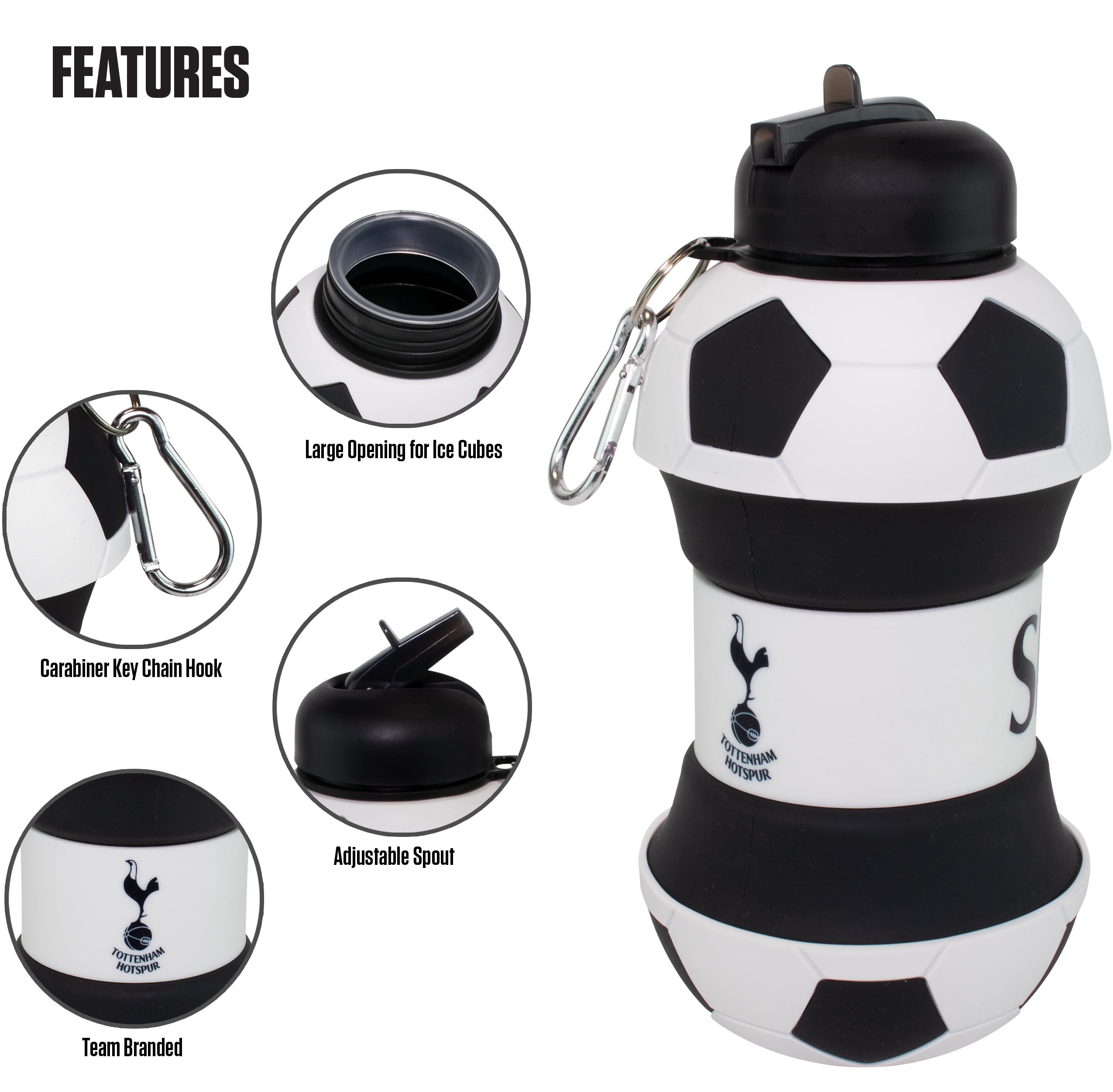 MACCABI ART Tottenham Clip-On Collapsible 1 Liter, 34 oz. size BPA-Free Silicone Soccert Large Water Bottle for Kids