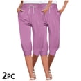 thumbnail image 2 of Diufon 2pc Womens Capris Pants Summer Solid Color Pants Elastic Waist Drawstring Pants with Pockets, 2 of 7