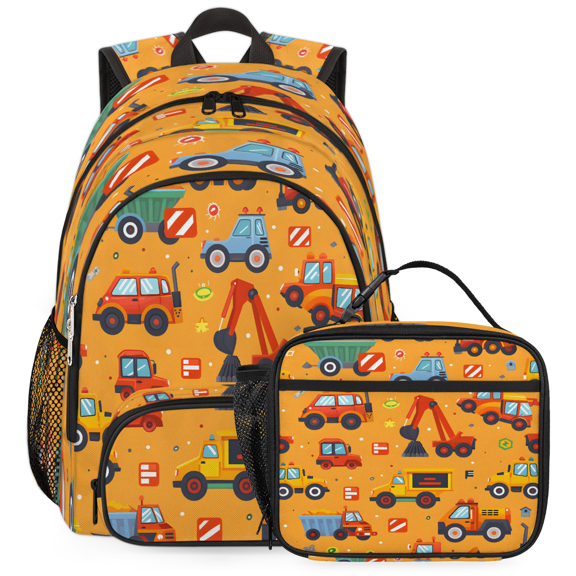 Herdesigns Transportation Backpack with Lunch Box Cartoon Truck Tractor Lightweight Large Travel Work Laptop Backpacks Set Casual Daypacks