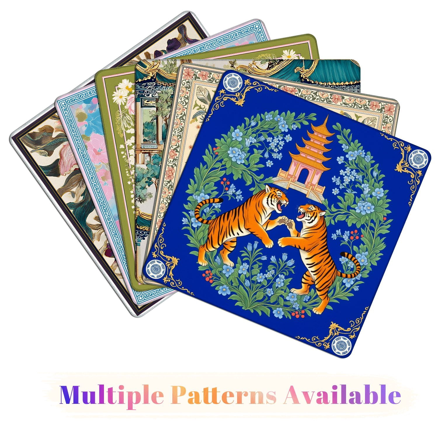 Mahjong Mat 31.5" x 31.5" Two Tigers Facing Each Other Pagoda Blue Floral Non-Slip Noise Reduction American Mahjong Tiles Table Cover for Dominoes Poker Card Board Games Gift