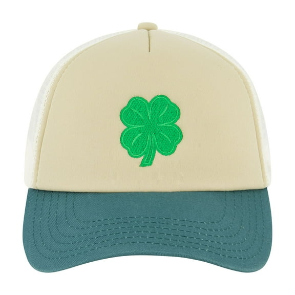 Lucky Clover Trucker Hat, Adjustable Snapback Baseball Hat with Curved Brim, Teal, One Size