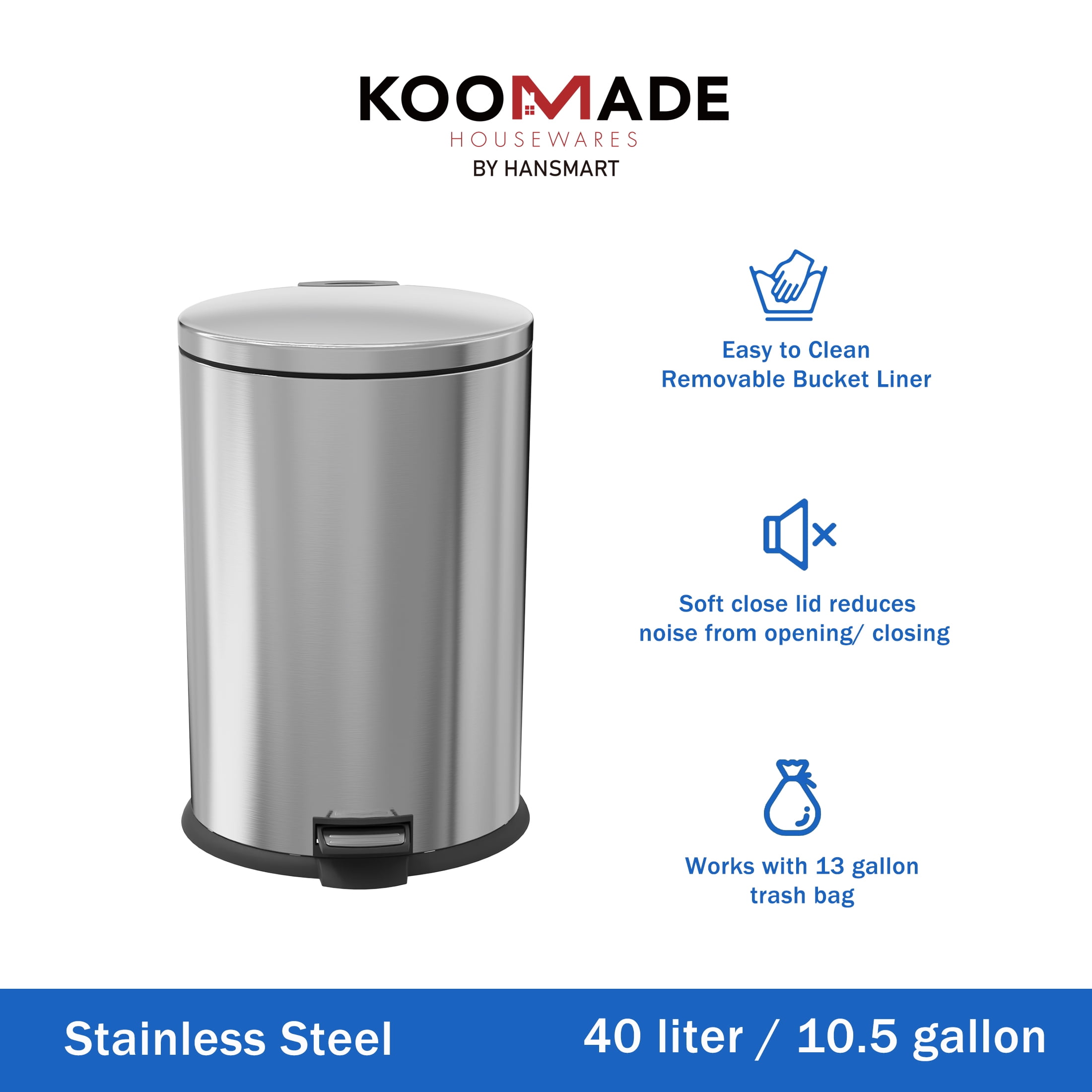 Koomade Kitchen Trash Can, 10.5 Gal Stainless Steel  Soft Close Step Garbage Bin with Lid, Silver