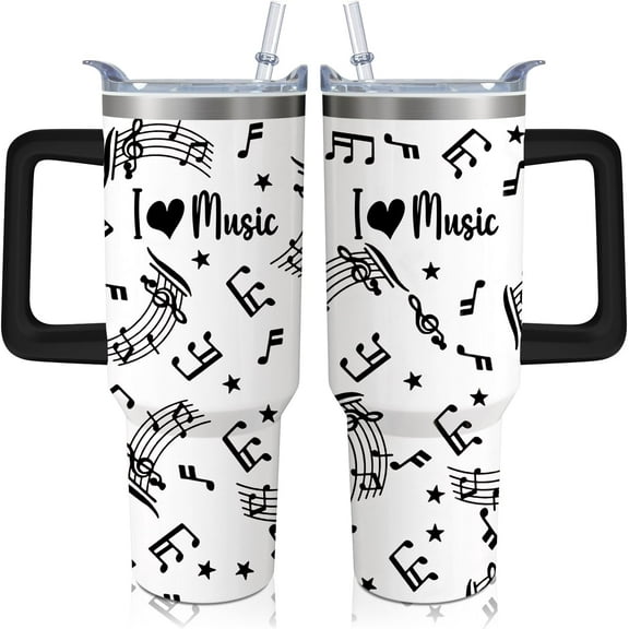 40oz Music Teacher Gifts Tumbler with Handle and Straw, Musical Note Stainless Steel Insulated Cup with Lid, Travel Coffee Mug Water Bottle, Birthday Gifts for Women Men