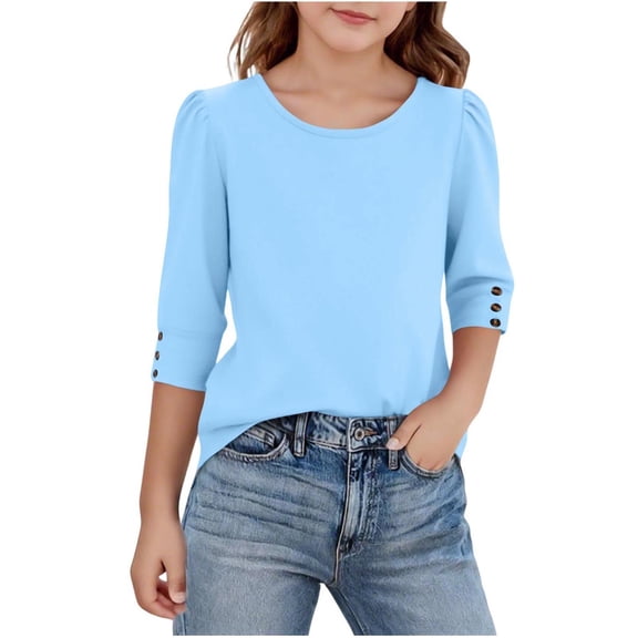 Favoffer Summer Girls Solid Color Crew Neck Top 3/4 Puff Sleeve Button Detail Tee Elegant Base Layer Blouse Casual Home Play Photo Sizes 5-15