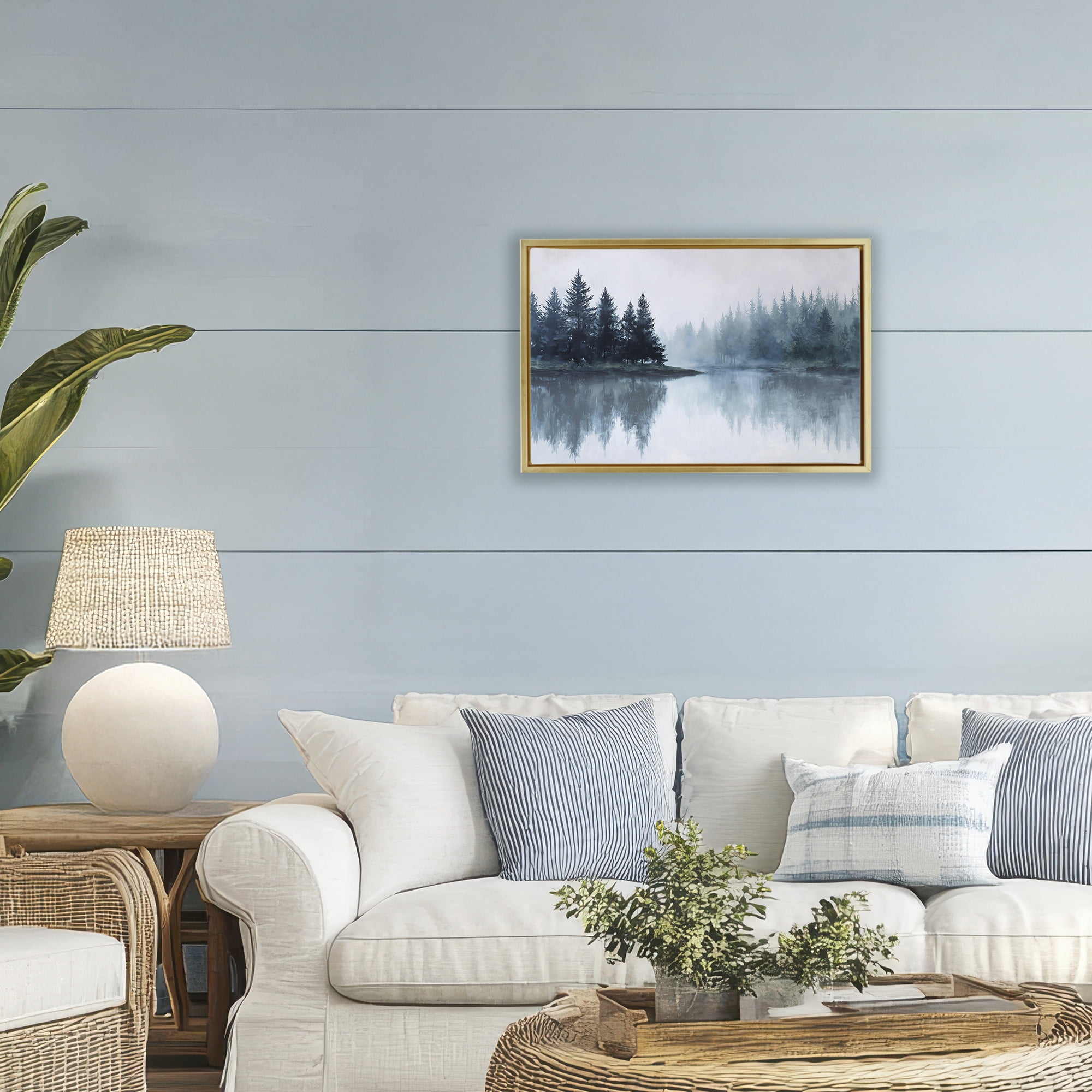 Stupell Industries Indigo Tree Reflections Gold Framed Floater Canvas Wall Art, design by Jacky Ngan