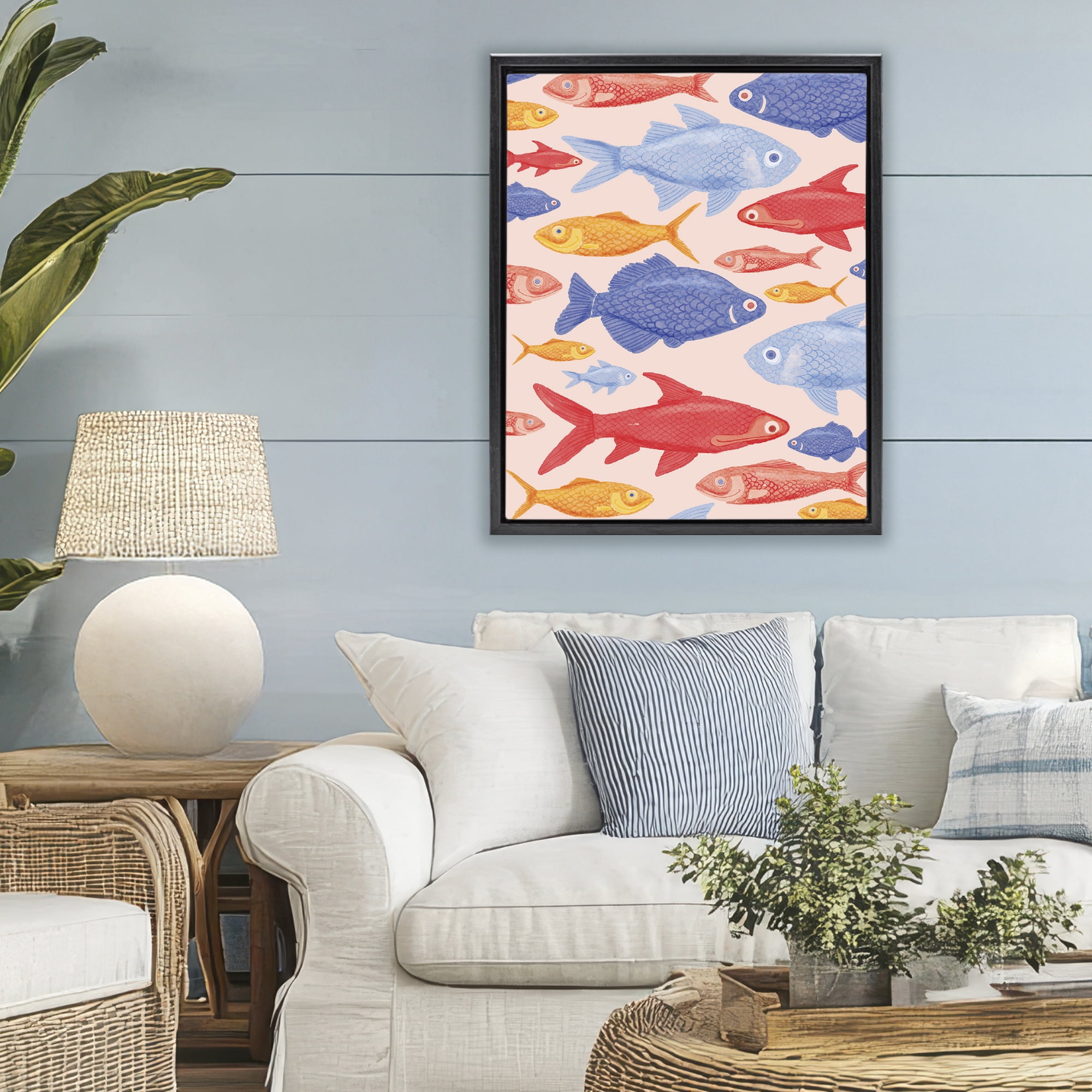 Stupell Industries Red Yellow and Blue Fish Black Framed Floater Canvas Wall Art, design by The Paper Curator