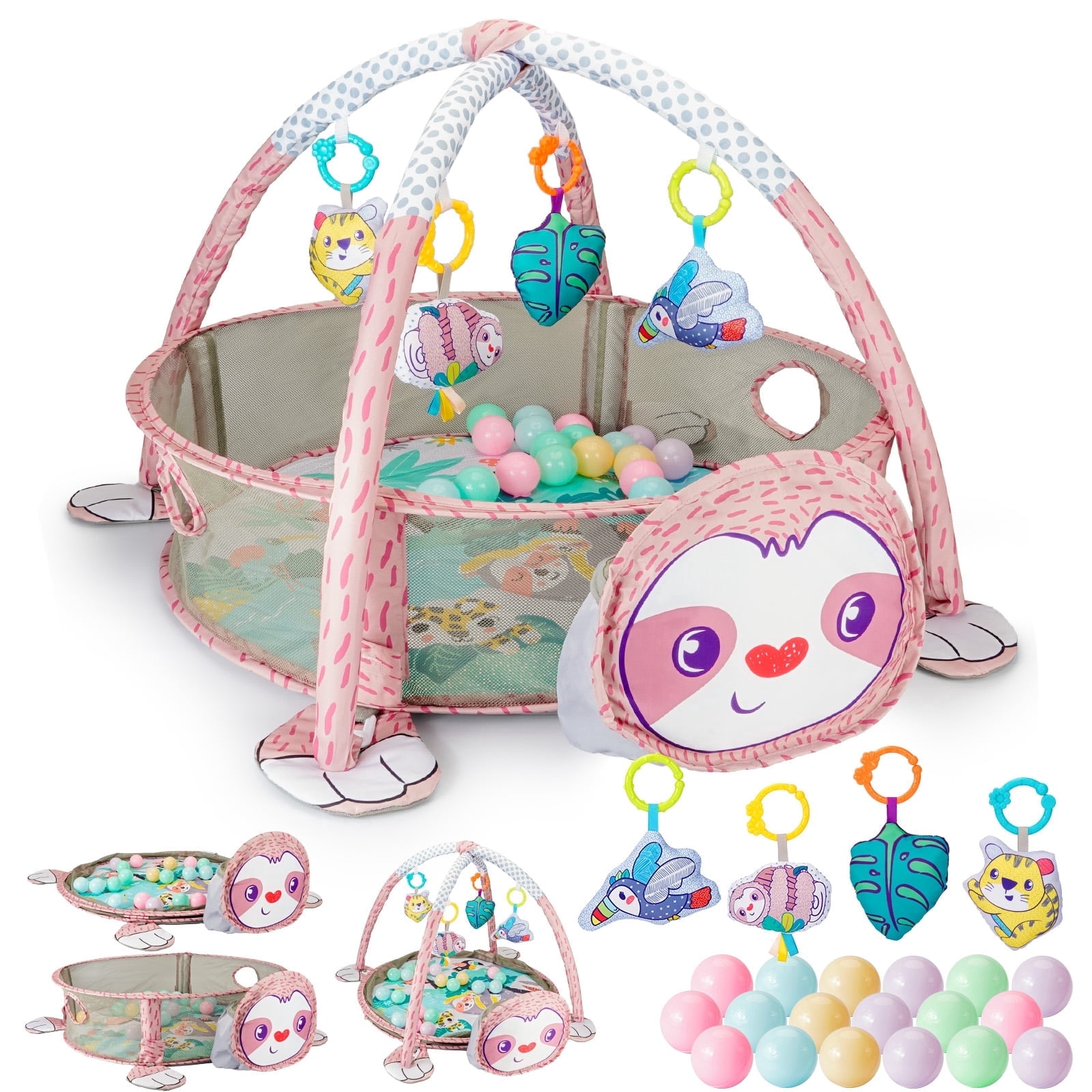 Towond 4-in-1 Baby Gym Play Mat, Pink Sloth Theme Activity Center with Ocean Ball Pit, Hanging Toys and Sensory Play Mat, Tummy Time Mat for Newborns, Infants & Toddlers 0-18 Months