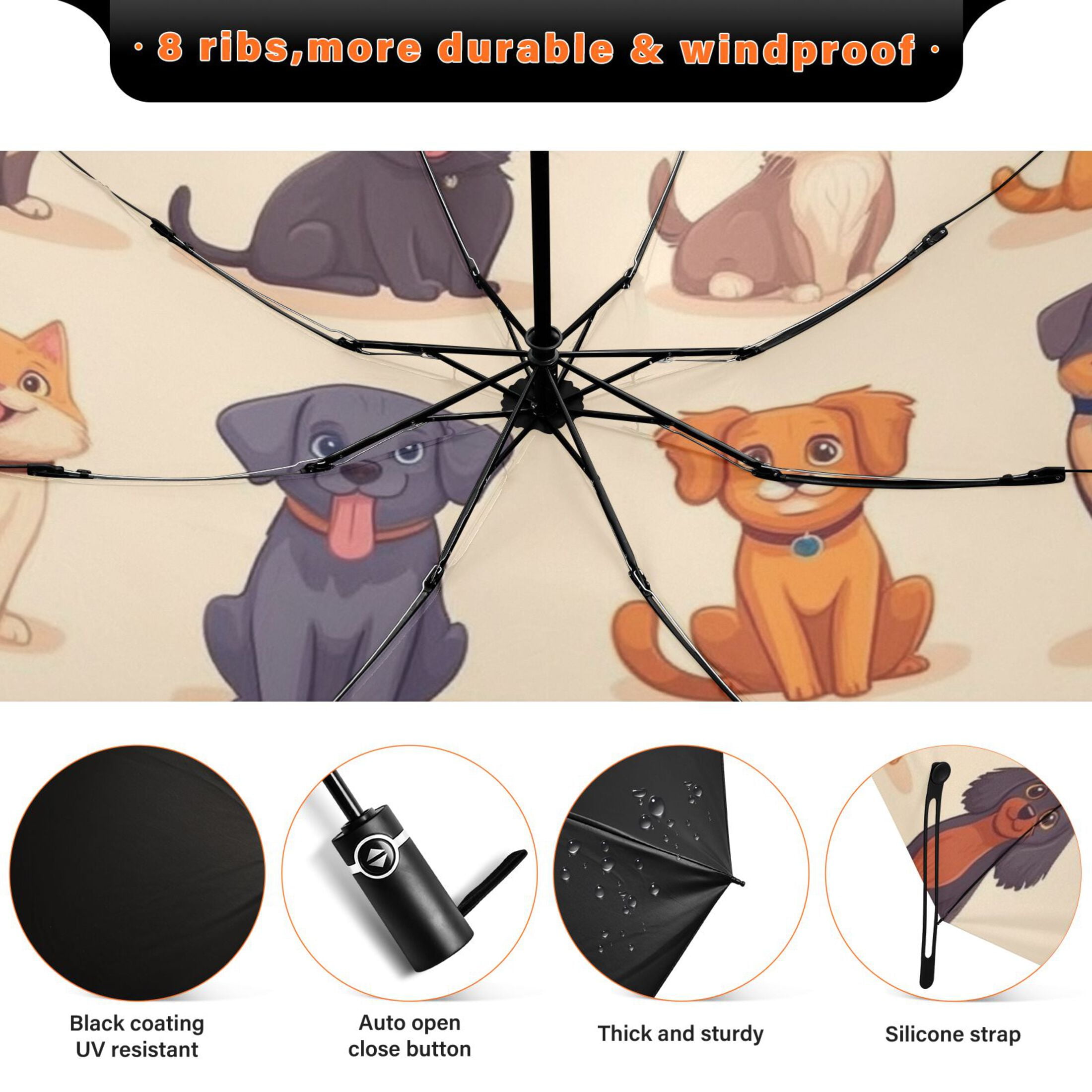 Cartoon Cats and Dogs Pattern Extra Large Automatic Umbrella, UV Protection, Waterproof, Auto Open and Close