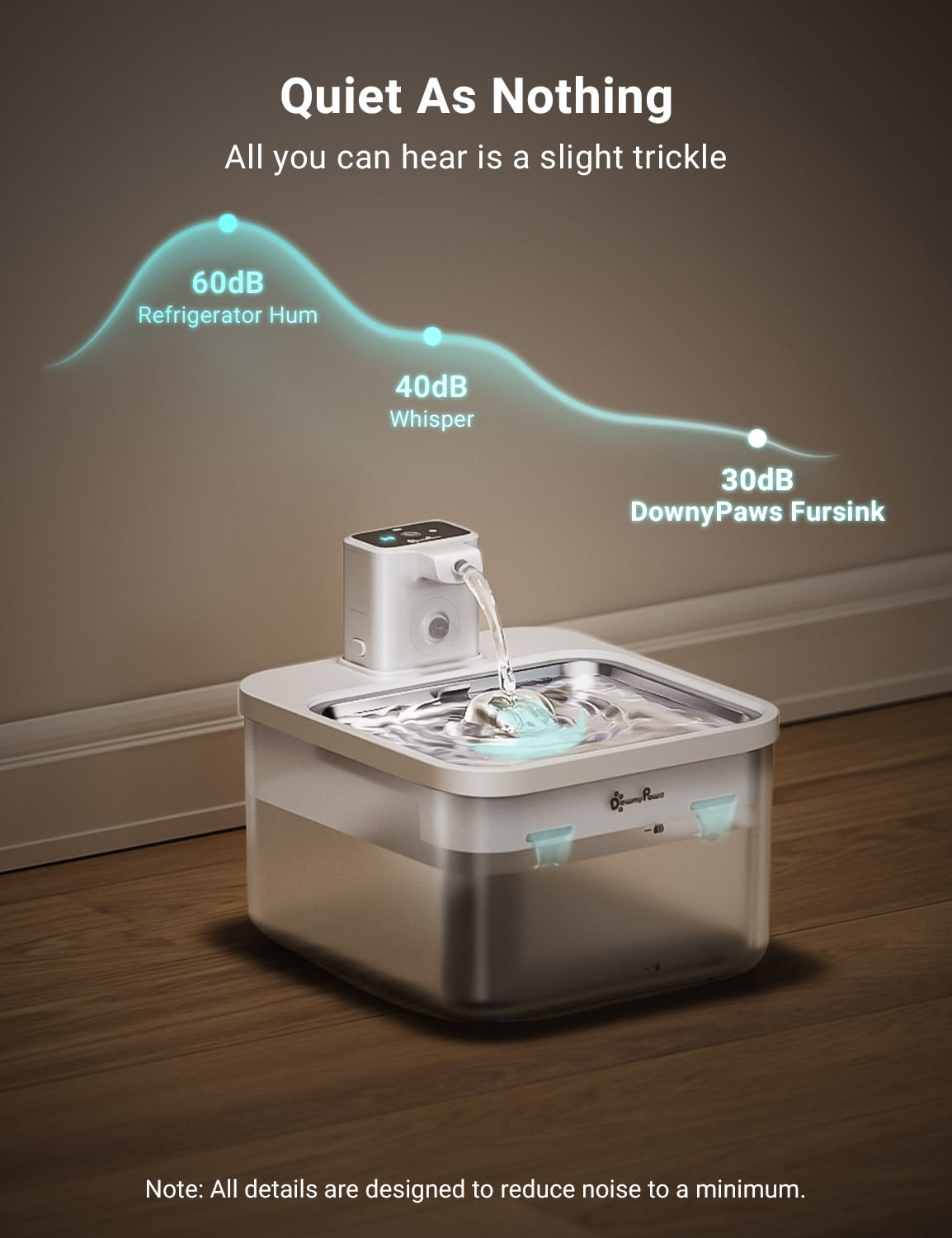 DownyPaws Wireless Stainless Steel 2.5L/84oz Cat Water Fountain, Battery Operated Pet Water Dispenser, White
