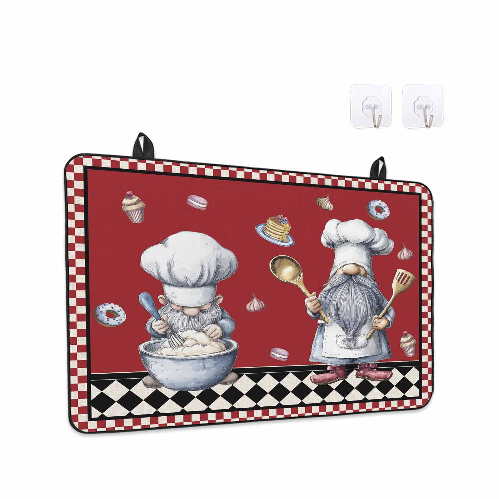 Red Vintage Gnomes Stove Top Cover for Electric Stove, Heat-proof & Non Slip Glass Top Stove Cover Protector, Black Checkered Retro Art Kitchen Flat Cooktop Rubber Mat 24x21 Inches