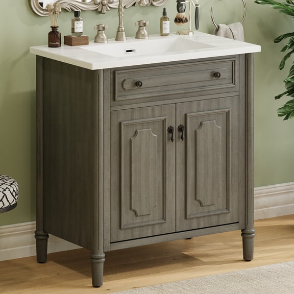 Euroco 31" Vintage Bathroom Vanity with Sink, Rustic Bathroom Cabinet with Soft Close Doors and Adjustable Shelf, Curved Profile Design, Rubber Wood Legs, Gray
