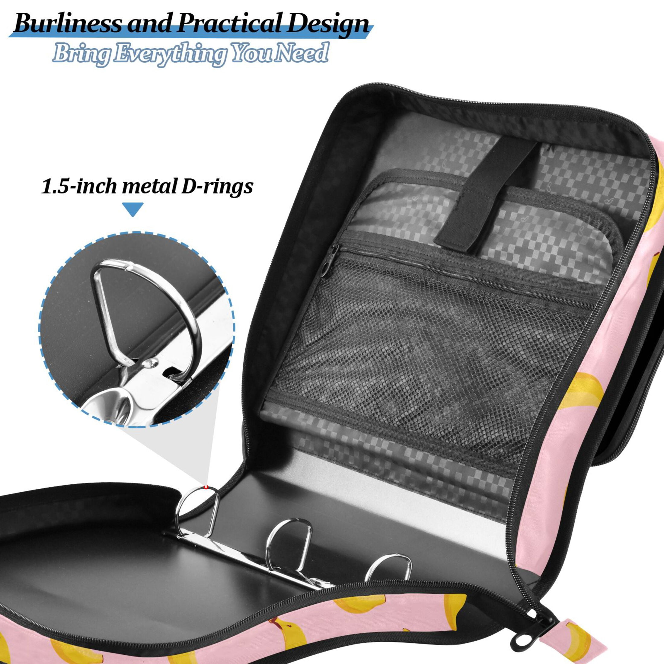 Zipper Binder Banana Pattern 1.5 Inch Binder Folder Bag with Shoulder Strap and Handle