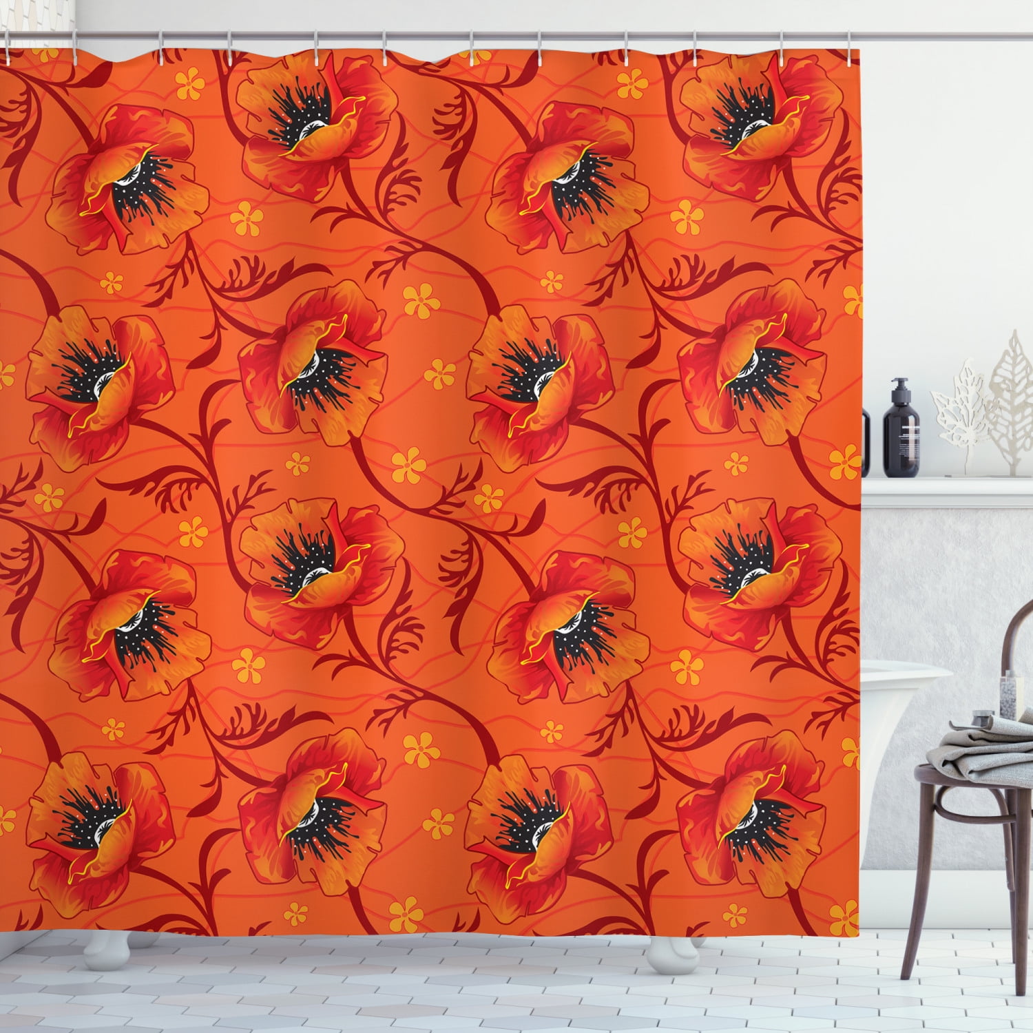 Orange Shower Curtain, Poppy Flower Series Blossoms Romance Bohemian