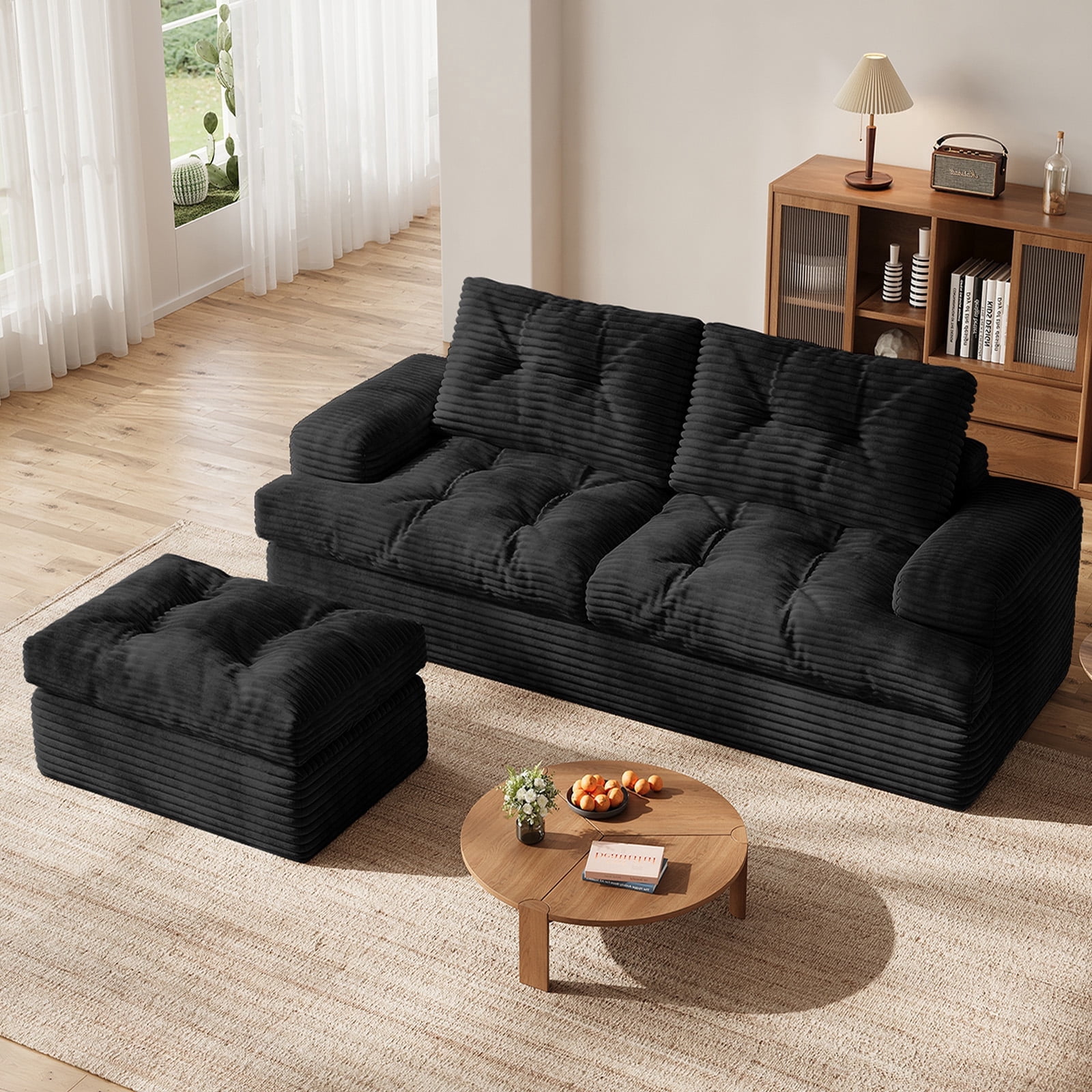 85" Modular Sectional Sofa for Living Room, L-Shaped Corduroy Cloud Couch with Ottoman, Two-Layer Cushion, No Assembly Boneless Sofa, Black
