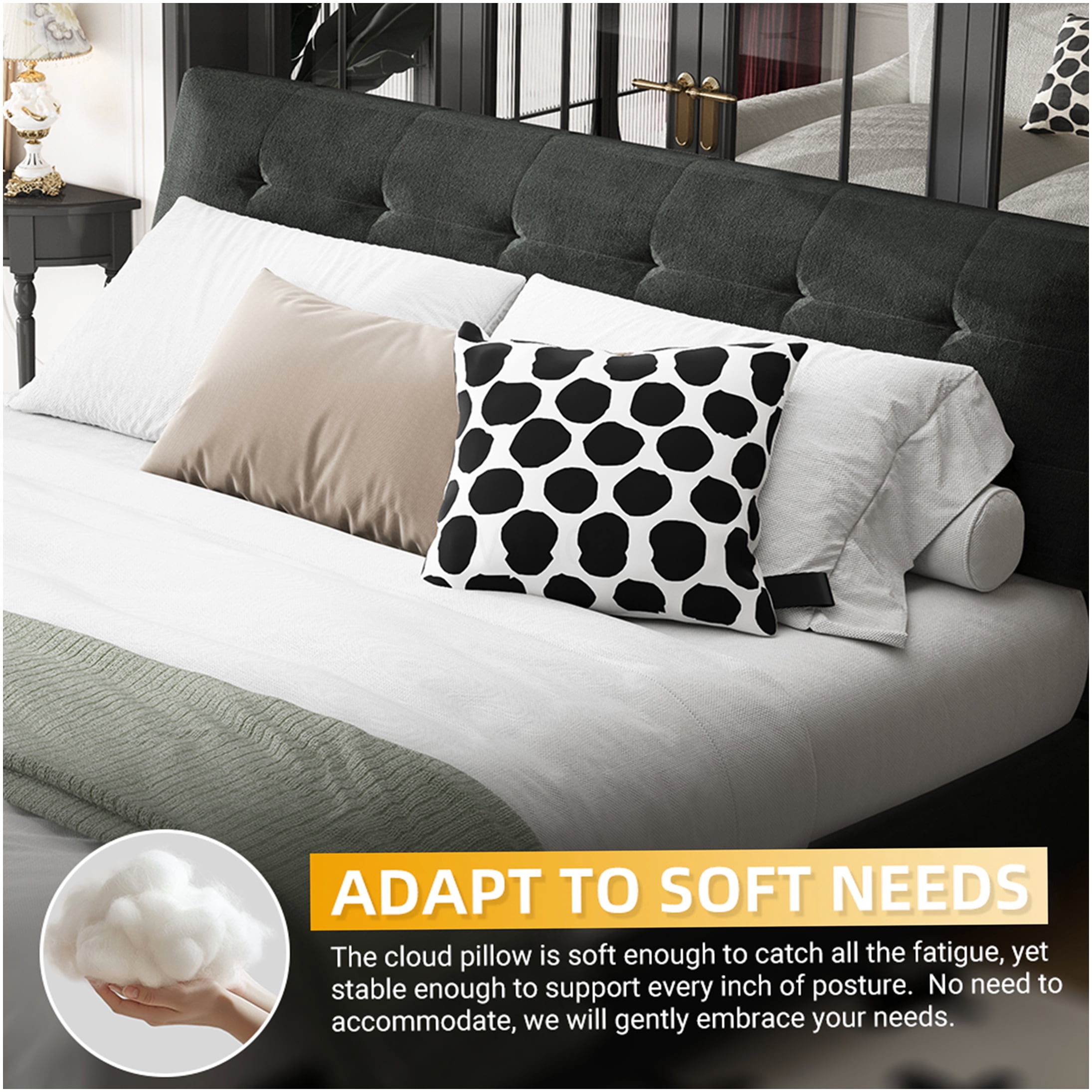 King Size Upholstered Platform Bed Frame with Cloud Pillow Headboard, No Box Spring Needed, Sturdy Metal and Wood Support, Silent and Stable, in Black Chenille Fabric
