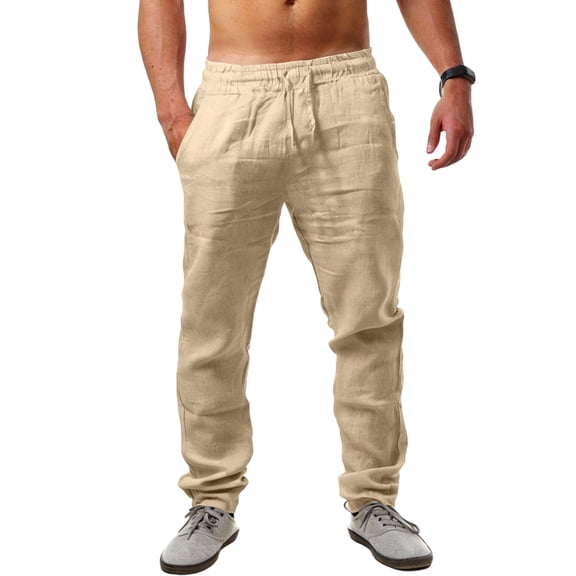 Dwellite Men's Casual Linen Pants Loose Fit Elastic Waist Drawstring Lightweight Pant Summer Trousers Khaki L