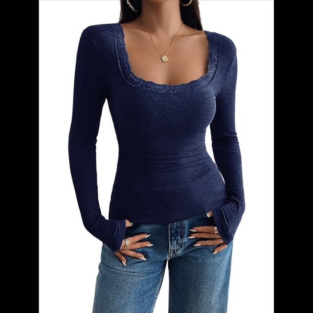Camisas de Larga para Mujer, Cuello Cuadrado, Tops Cortos de Punto Acanalado, Conjuntos de Otoño, Ropa de Moda Azul Marino XXL