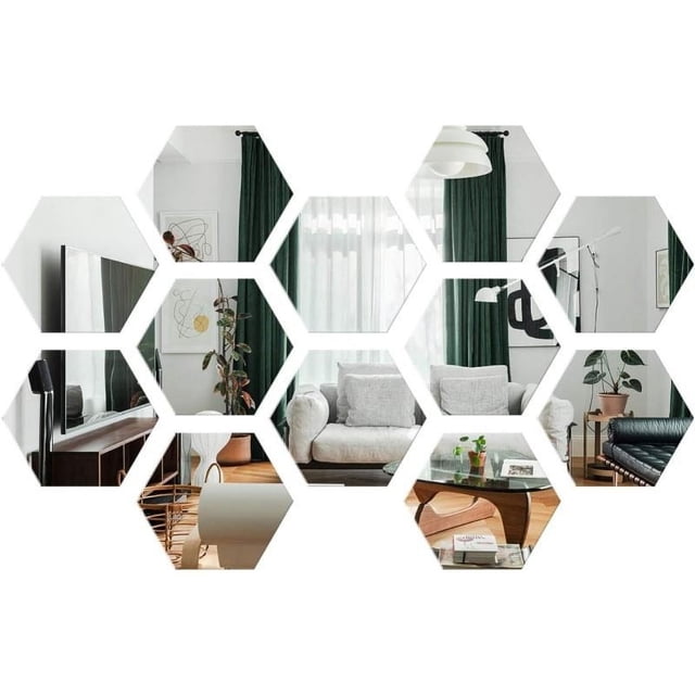 12 pegatinas de pared de espejo acrílico hexagonal, pegatinas de pared de espejo acrílico extraíbles, pegatinas de pared 3D DIY, arte para habitación, plata, 100*85*50mm