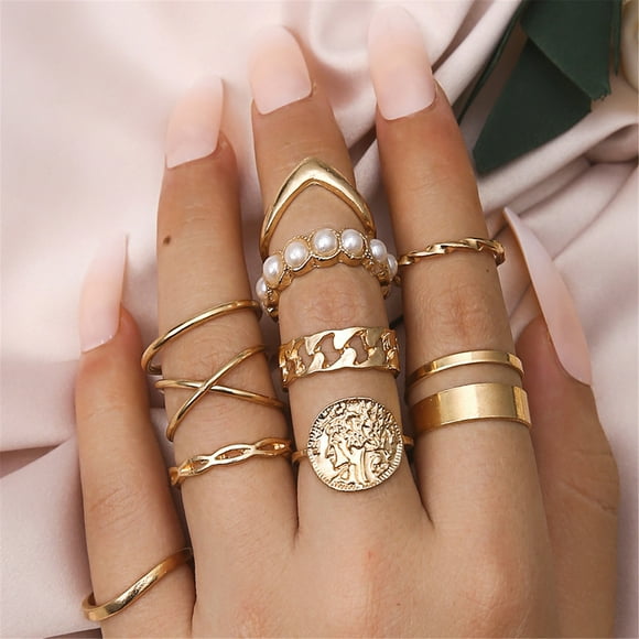 EGNMCR Rings 10pcs Women Cutout Pearl Open Pearl Set Nail Alloy Fashion A Ring