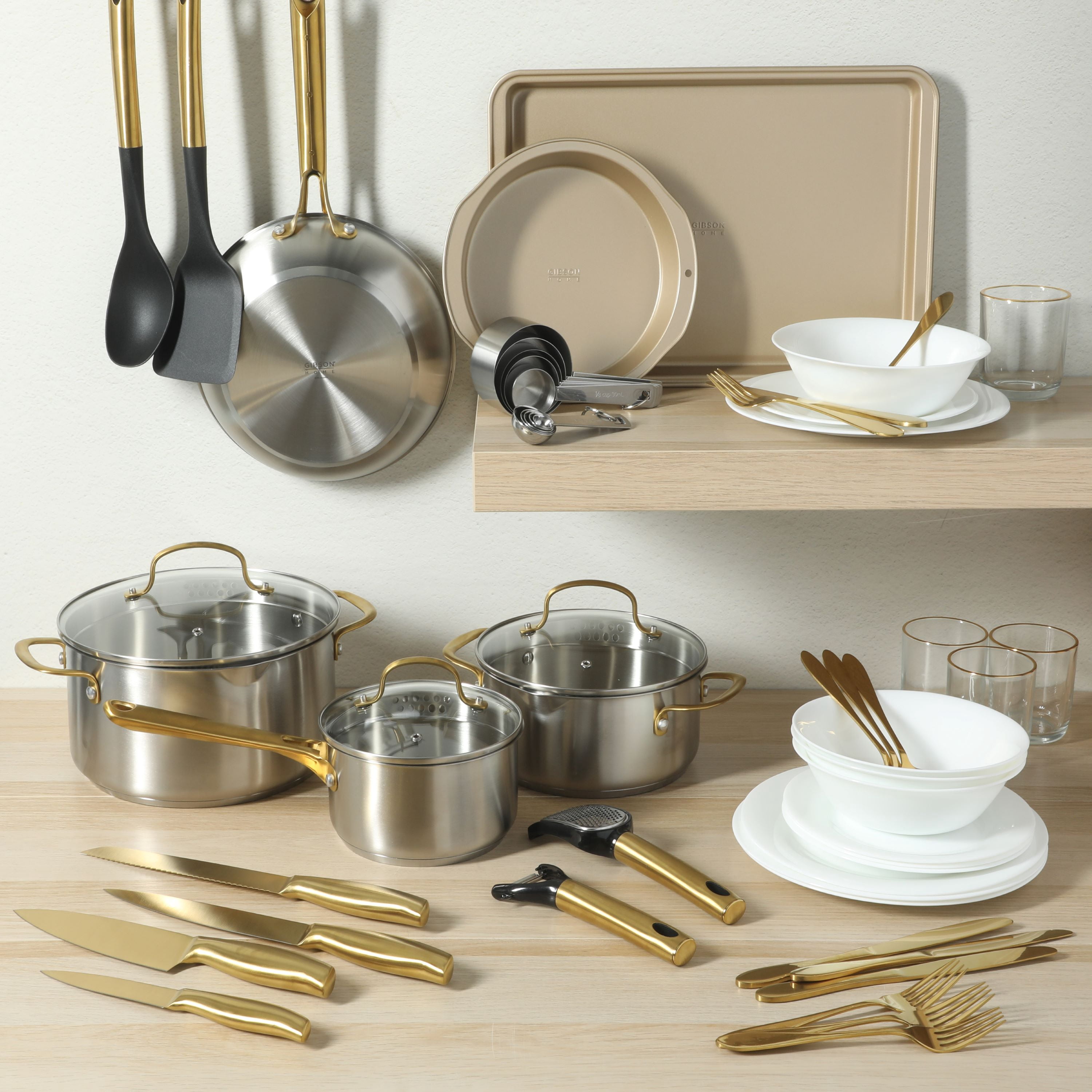 Gibson Home 55-Piece Stainless Steel Cookware Set, Cooking Pots and Pans with Dinnerware, Bakeware, & Utensils