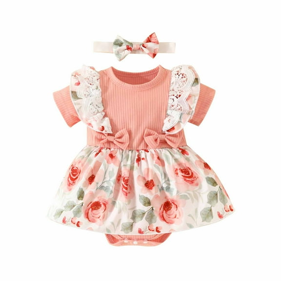 Pejock Newborn Toddler Infant Baby Girls Clothes Romper Skirt Sets Short Sleeve Ruffle Edge Dress Flower Stripe Wrapped Fart Suit One-piece Headband Set, 9-12Months