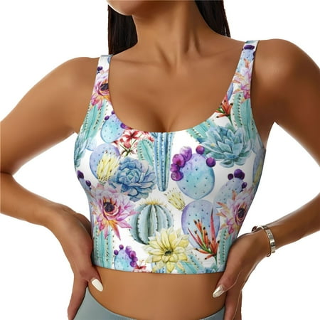 Jgfou Cactus Print Womens Sports Bra - Padded Workout Sports Bras Crop Tank Top
