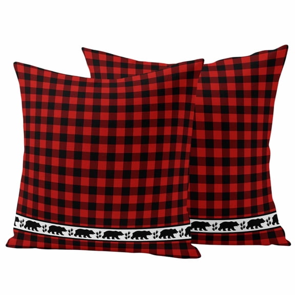 Red Black Plaid Outdoor Waterproof Pillow Covers, Country Vintage Bear Buffalo Gingham Decorative Square Throw Pillowcase Sofa Cushion Sham for Patio/Couch/Chair, 16"x16" 2 Pack
