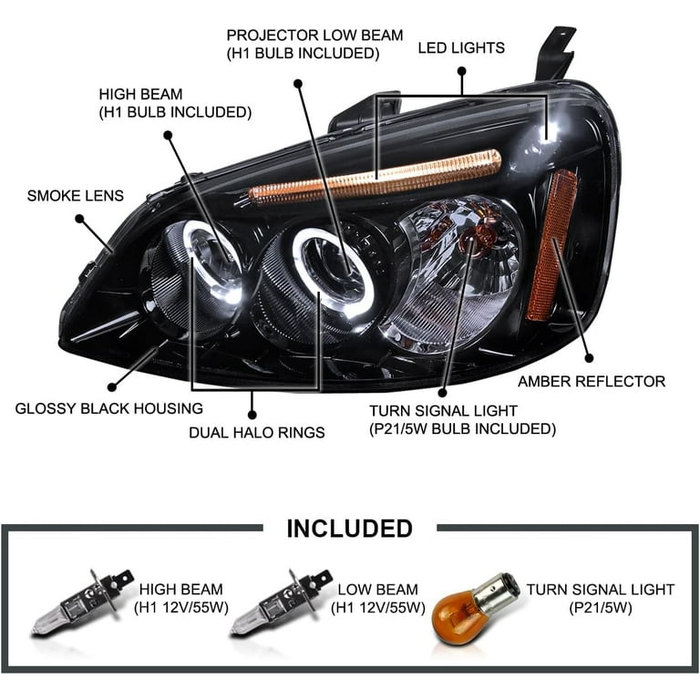 SPEC D TUNING LED Halo Glossy Black Housing Smoke Lens Projector Headlights Compatible with 2001 2003 Honda Civic 2 4 Door Left Right Pair Headlamps Assembly Walmart
