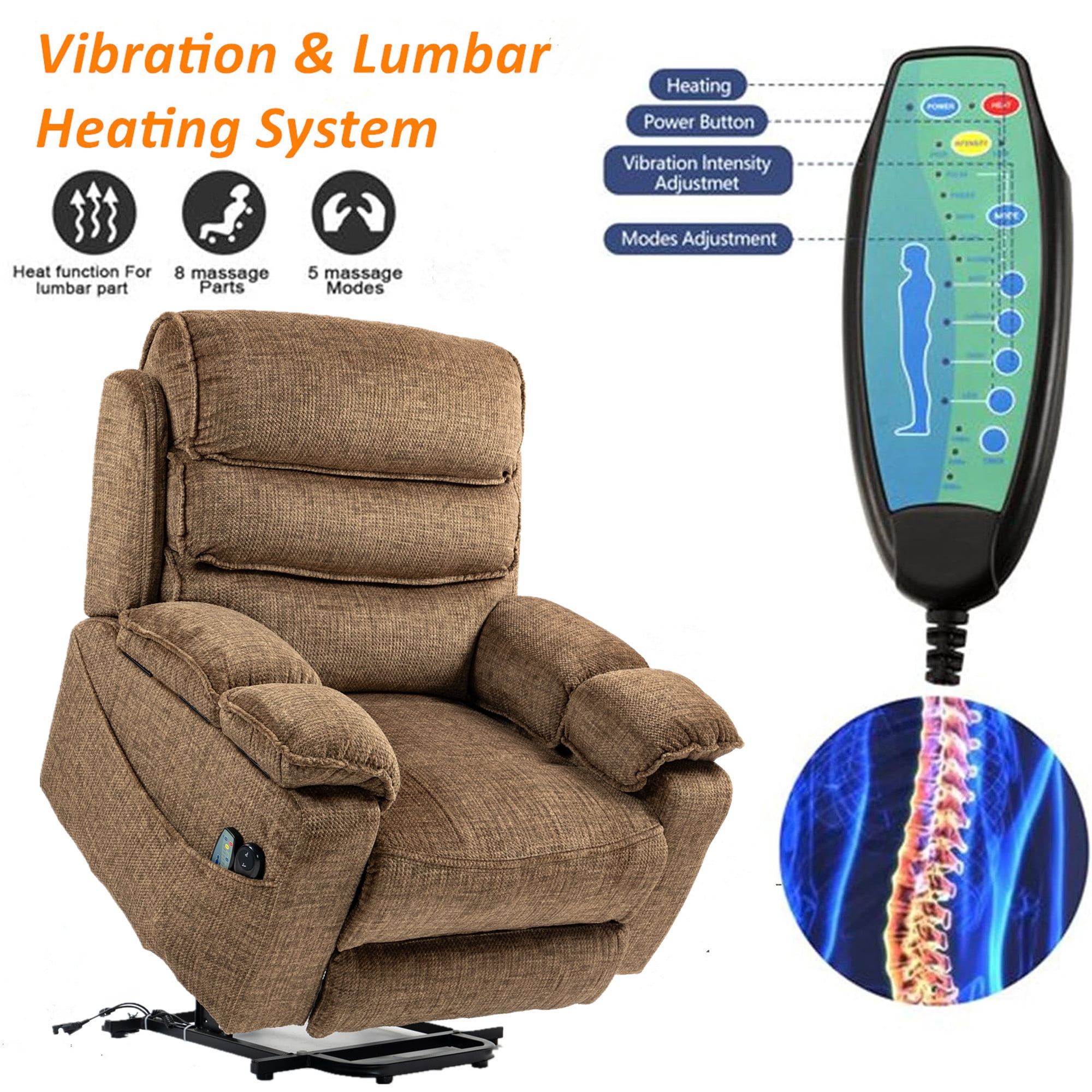 LITVZ Power Lift Chair with Heat and Massage for Elderly Big Man 400lb, 27in Extra Wide Lay Flat Recliner with Hidden Cup Holders, Infinite Position Lifting Recliners for Seniors, Extended Footrest